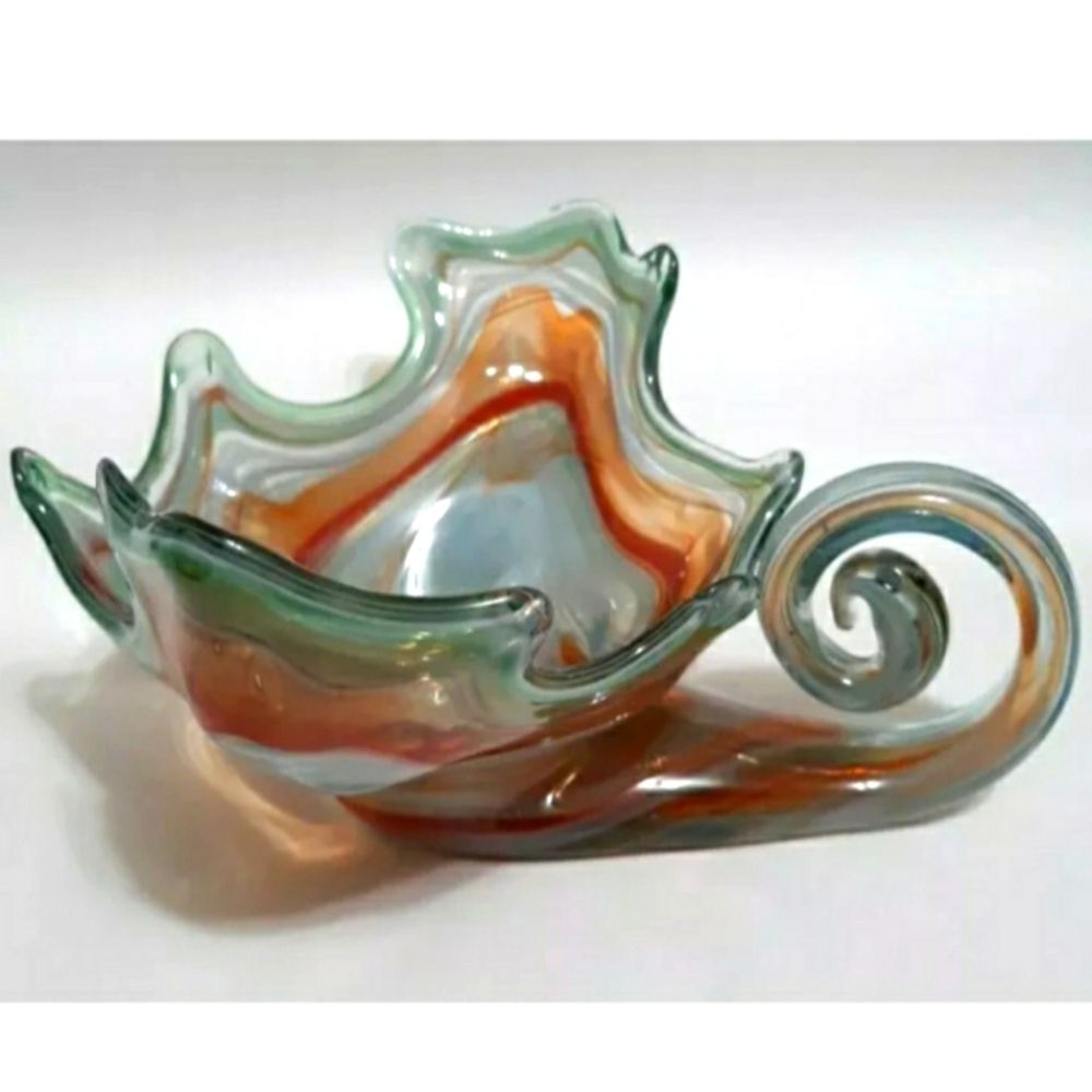 Art Glass Orange Blue Gray Swirly Cornucopia Candy Dish